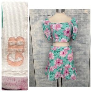 GB Crop Top/Skirt Set Medium Floral‎ Puff Sleeve Square Neck Skirt Ruffle